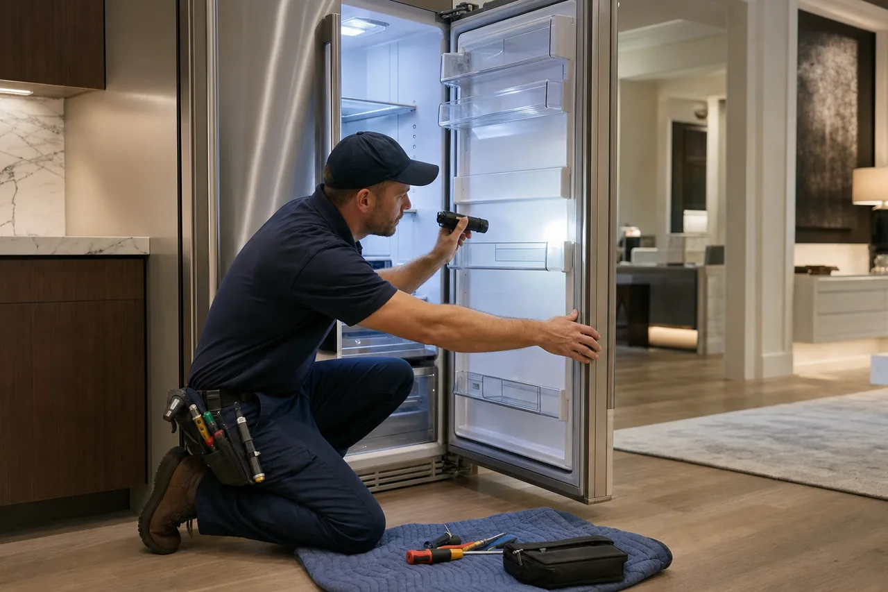 A technician servicing a professional Viking-style range in a Wilton kitchen