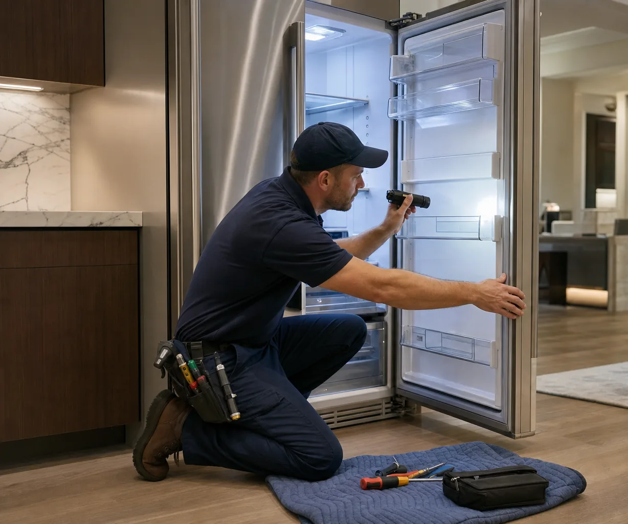 Technician repairing a built-in refrigerator in a Wilton kitchen