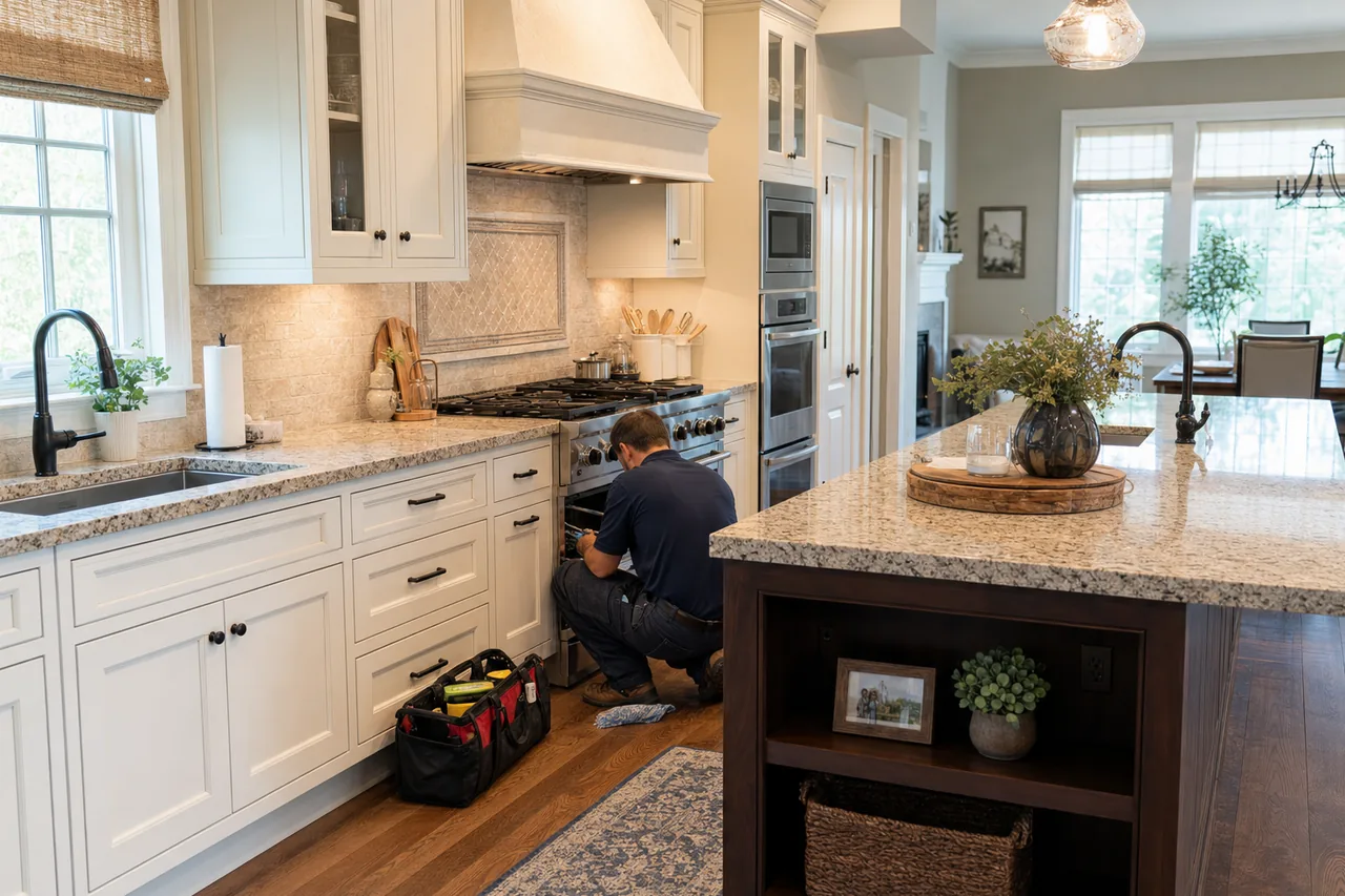 A luxury kitchen with built-in stainless appliances mid-repair