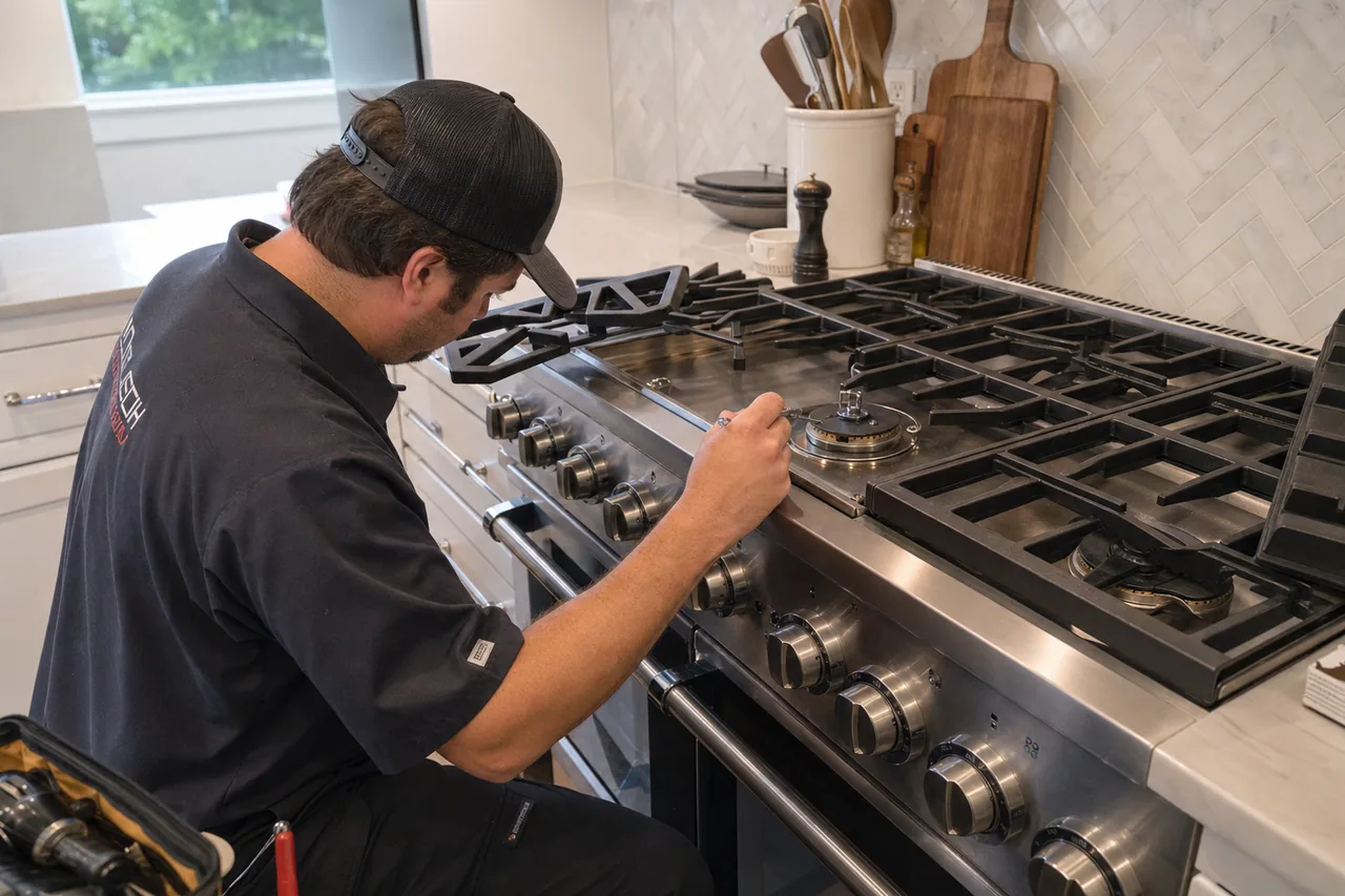 Technician servicing a stainless Viking range on a same-day visit
