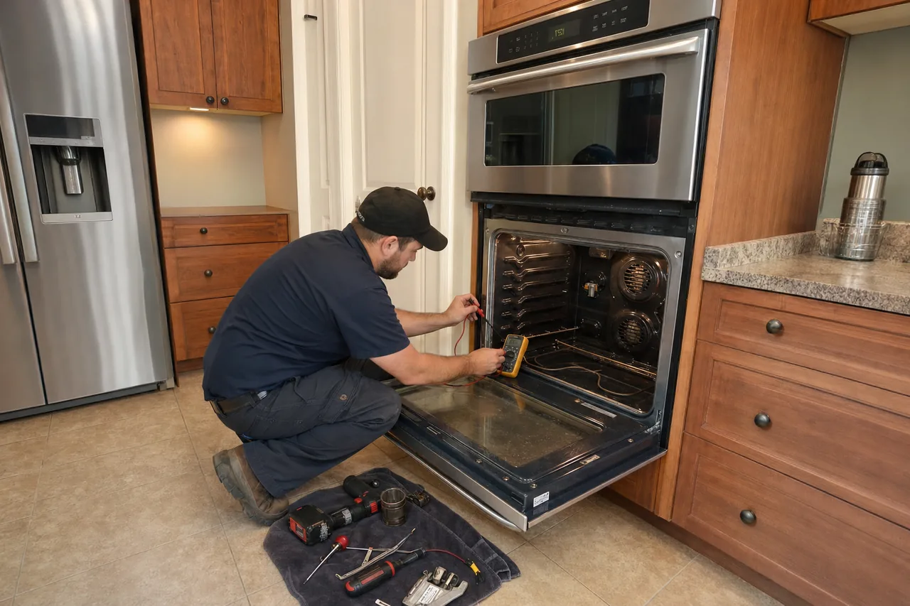 Technician servicing a built-in wall oven in a Wilton kitchen
